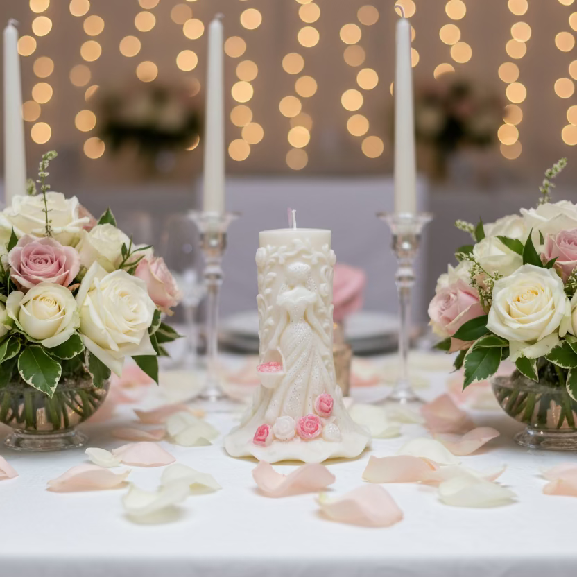 Handgefertigte Sojawachs-Kerze Rosenmädchen – cremeweiße Figurenkerze mit detailreichen Rosenreliefs, glitzerndem Kleid und rosa Rosenblüten, von Manufaktur Wohlleben