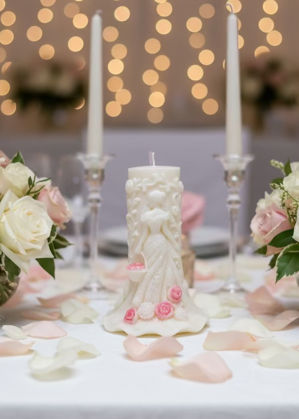 Handgefertigte Sojawachs-Kerze Rosenmädchen – cremeweiße Figurenkerze mit detailreichen Rosenreliefs, glitzerndem Kleid und rosa Rosenblüten, von Manufaktur Wohlleben
