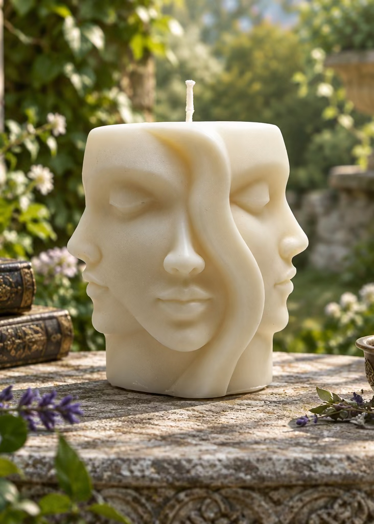 Kerze Viergesichter - Handgefertigte Fantasy-Figurenkerze aus Sojawachs in Natur I Manufaktur Wohlleben
