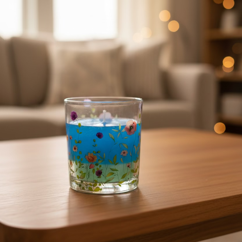 Handgefertigte Blumenwiesen-Kerze aus Kerzensand und Gelwachs mit Vanilleduft im Glasbehälter, Manufaktur Wohlleben