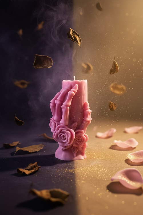 Handgefertigte Death-Kissing-Life-Kerze aus Sojawachs mit Skeletthand-und-Blüten-Motiv in rosa, Manufaktur Wohlleben