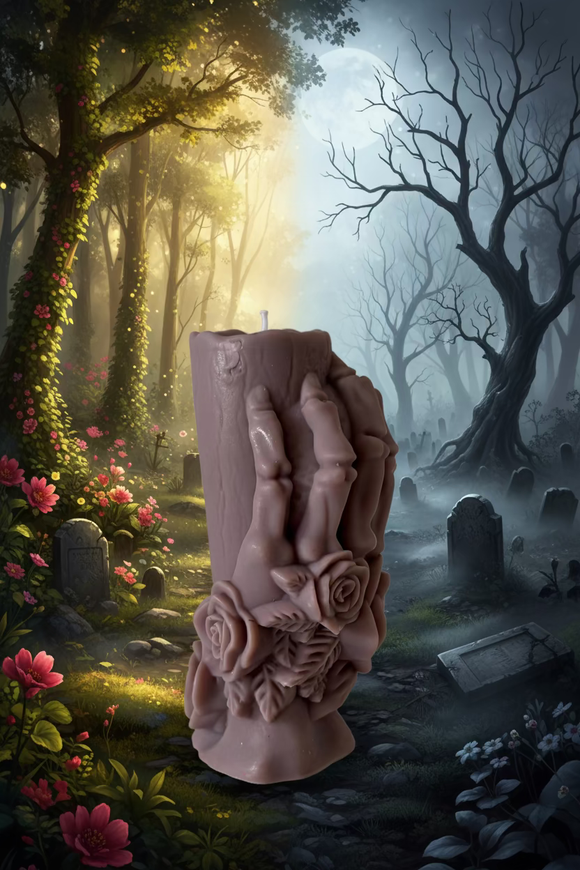 Handgefertigte Death-Kissing-Life-Kerze aus Sojawachs mit Skeletthand-und-Blüten-Motiv, Manufaktur Wohlleben