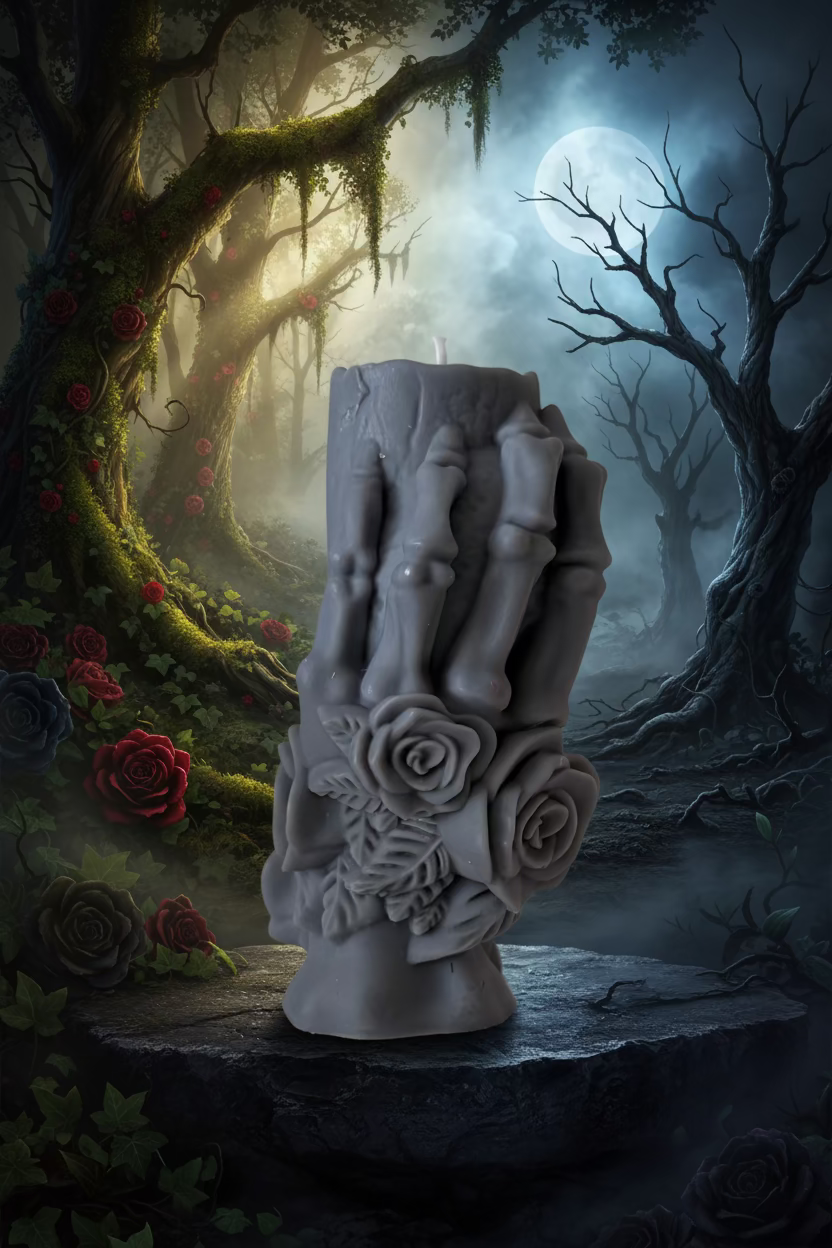 Handgefertigte Death-Kissing-Life-Kerze aus Sojawachs mit Skeletthand-und-Blüten-Motiv, Manufaktur Wohlleben