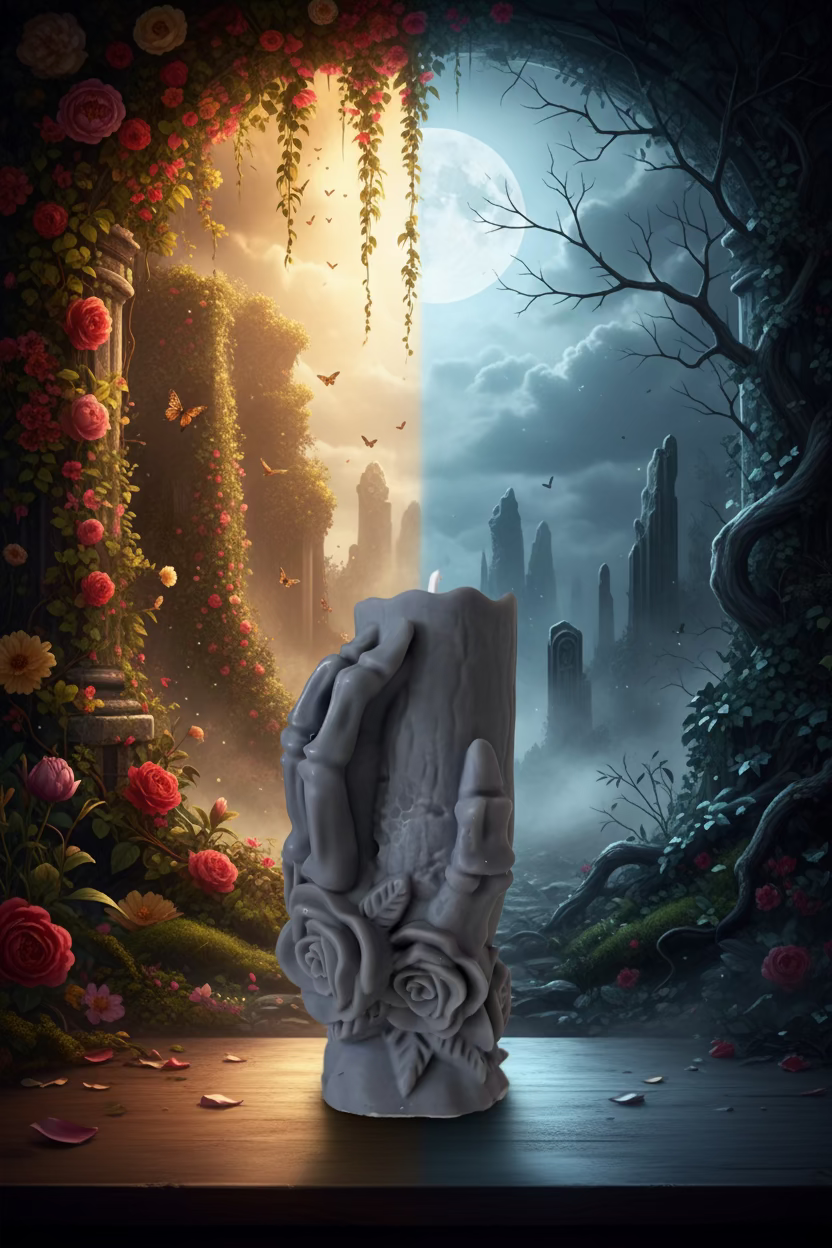 Handgefertigte Death-Kissing-Life-Kerze aus Sojawachs mit Skeletthand-und-Blüten-Motiv, Manufaktur Wohlleben