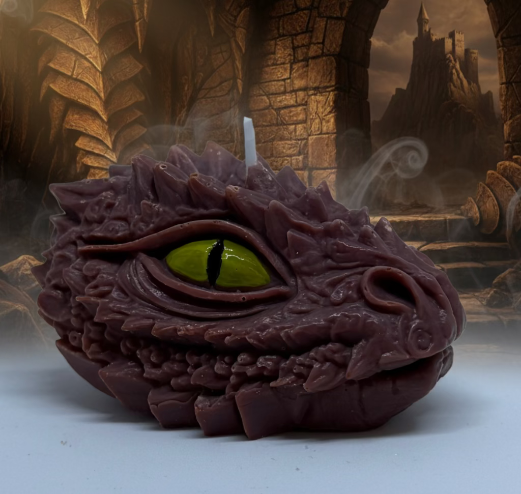 Kerze Drachenkopf - Handgefertigte Fantasy-Figurenkerze aus Sojawachs in braun I Manufaktur Wohlleben