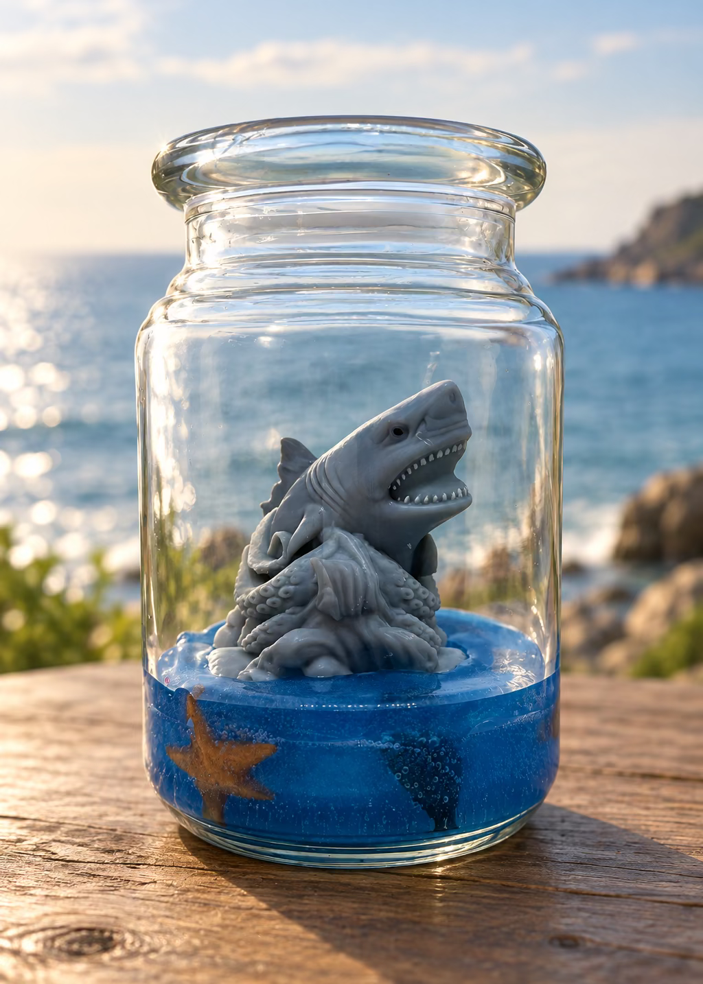 Kerze Meeresjäger mit einem detailreichen Hai  aus Sojawachs über einer blauen Gelwachsschicht in einem Glasbehälter I Manufaktur Wohlleben