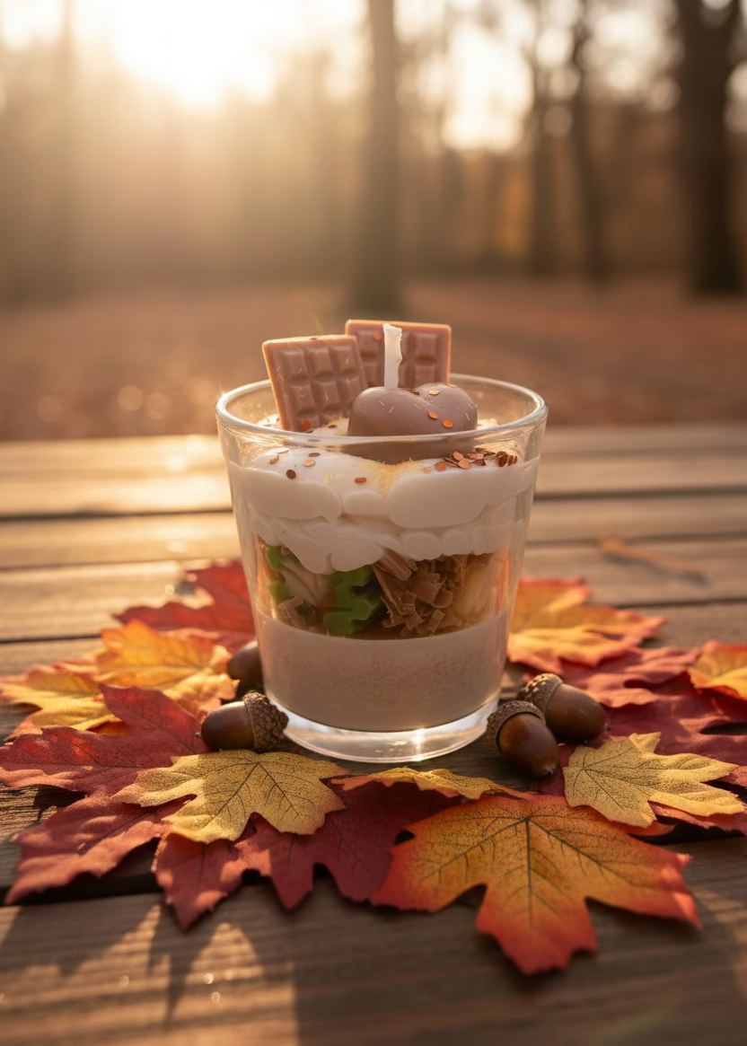 Handgefertigte Sojawachskerze Herbstdessert im Glas mit Schoko, Glitzer und bunten Herbstblättern als Dekoration