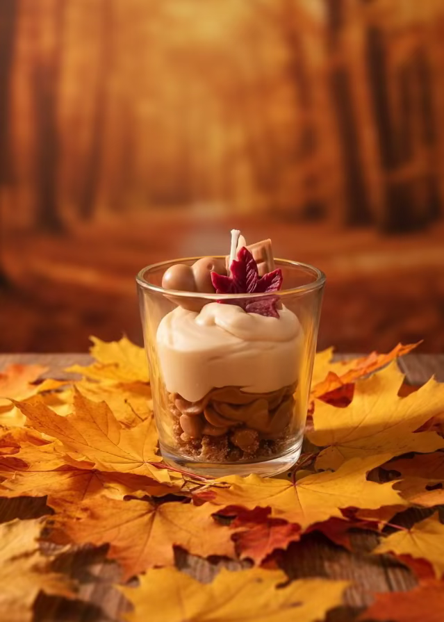 Handgefertigte Sojawachskerze Herbstdessert im Glas mit Schoko und buntem Herbstblatt als Dekoration