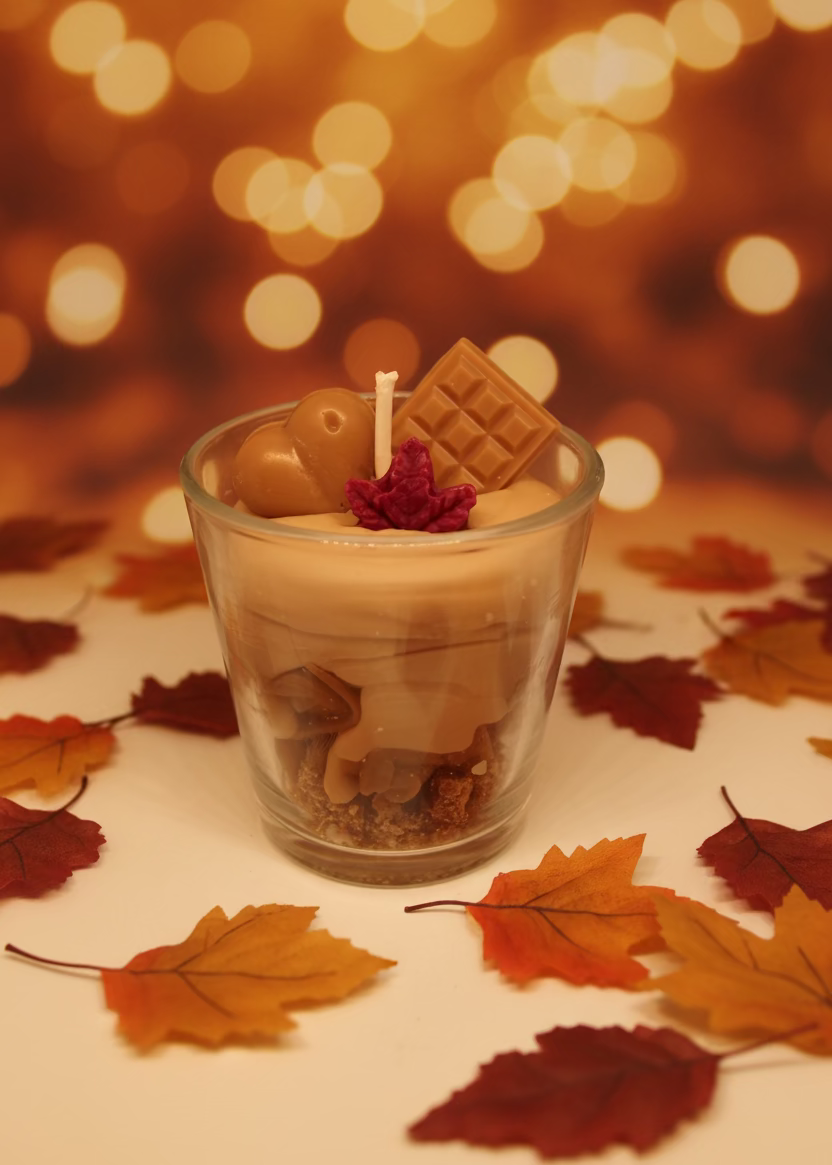 Handgefertigte Sojawachskerze Herbstdessert im Glas mit Schoko und buntem Herbstblatt als Dekoration
