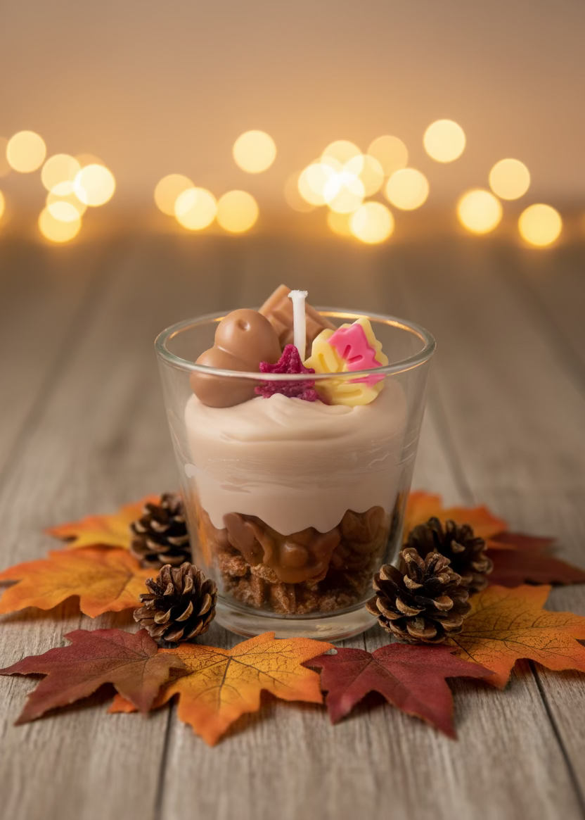 Handgefertigte Sojawachskerze Herbstdessert im Glas mit Schoko und bunten Herbstblättern als Dekoration