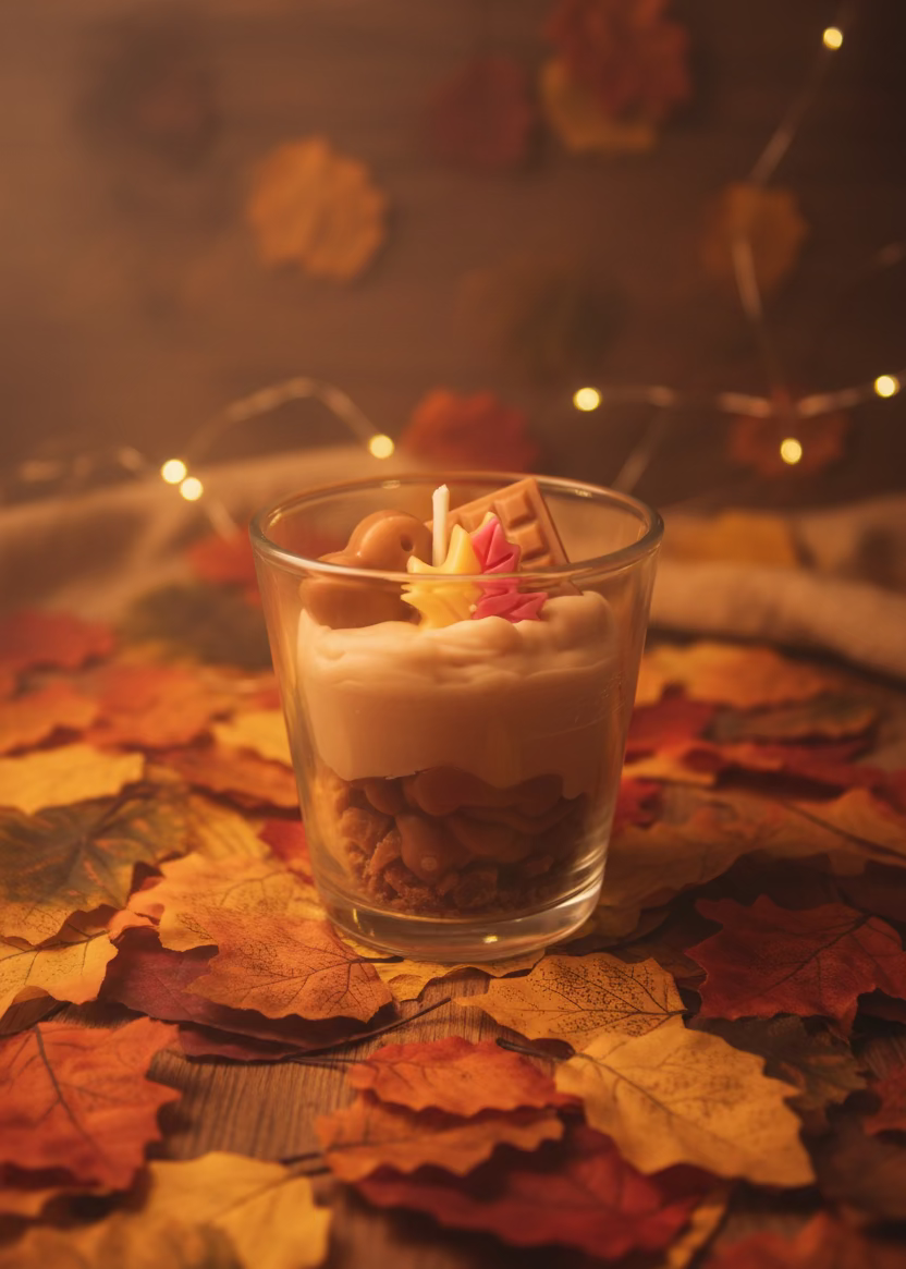 Handgefertigte Sojawachskerze Herbstdessert im Glas mit Schoko und buntem Herbstblatt als Dekoration