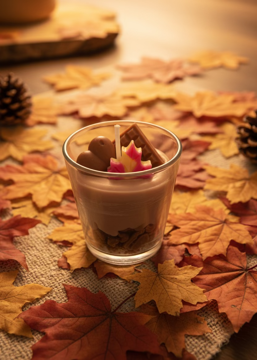 Handgefertigte Sojawachskerze Herbstdessert im Glas mit Schoko und buntem Herbstblatt als Dekoration