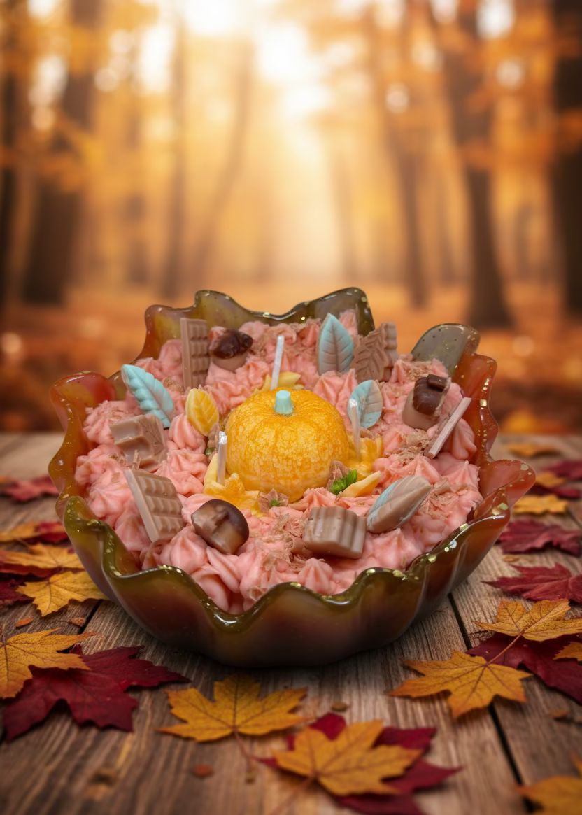 Handgefertigte Sojawachskerze Herbsttraum in glitzernder Epoxidharzschale mit orangefarbenem Kürbis, Eicheln und Blättern als Dekoration
