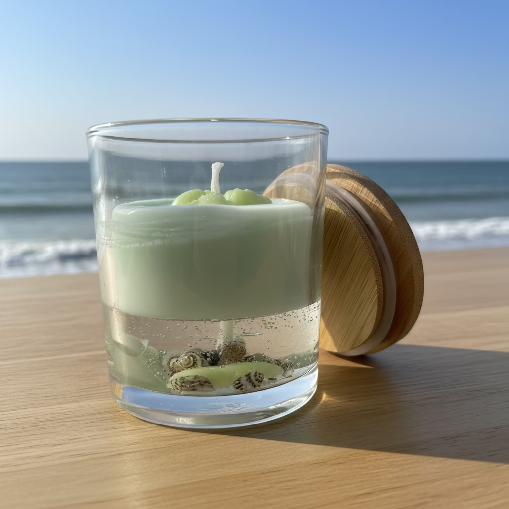 Seitenansicht große Meereswelt-Kerze im Glas mit mintfarbenem Sojawachs, Gelwachs-Schicht und Meerestier-Dekoration, Bambusdeckel angelehnt