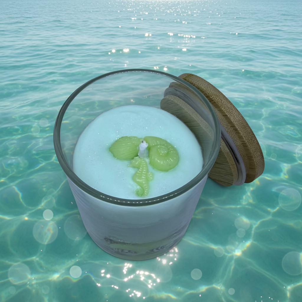 Draufsicht auf große Meereswelt-Kerze im Glas mit Muscheln und Seepferdchen-Dekoration auf mintfarbenem Sojawachs, Bambusdeckel daneben
