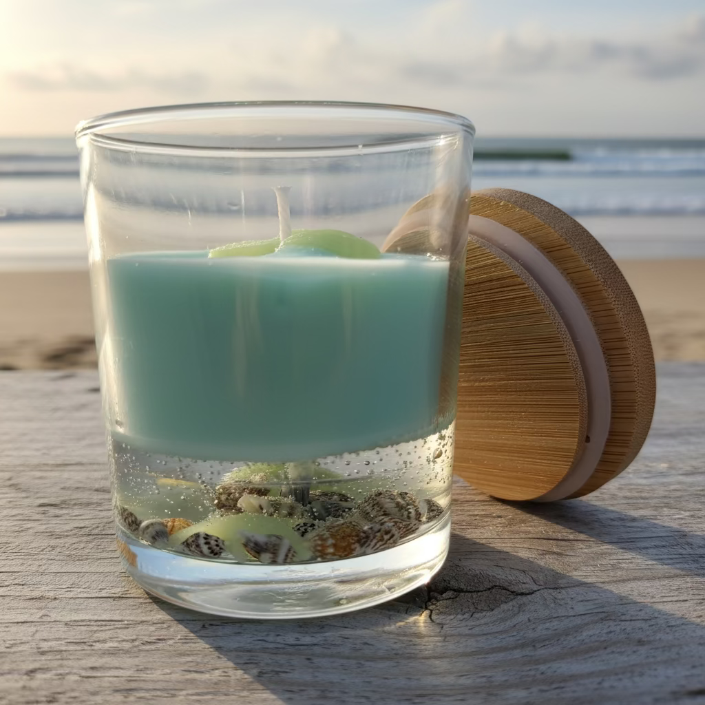 Seitenansicht große Meereswelt-Kerze im Glas mit mintfarbenem Sojawachs, Gelwachs-Schicht und Meerestier-Dekoration, Bambusdeckel angelehnt
