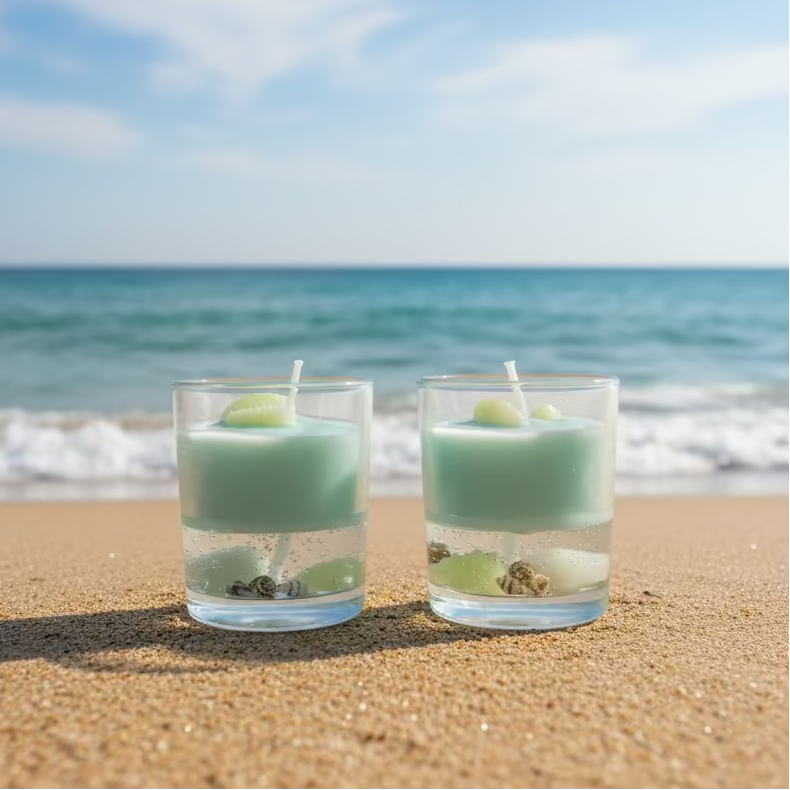 Seitenansicht zwei kleine Meereswelt-Kerzen im Glas mit mintfarbenem Sojawachs, Gelwachs-Schicht und Meerestier-Dekoration im 2er-Set