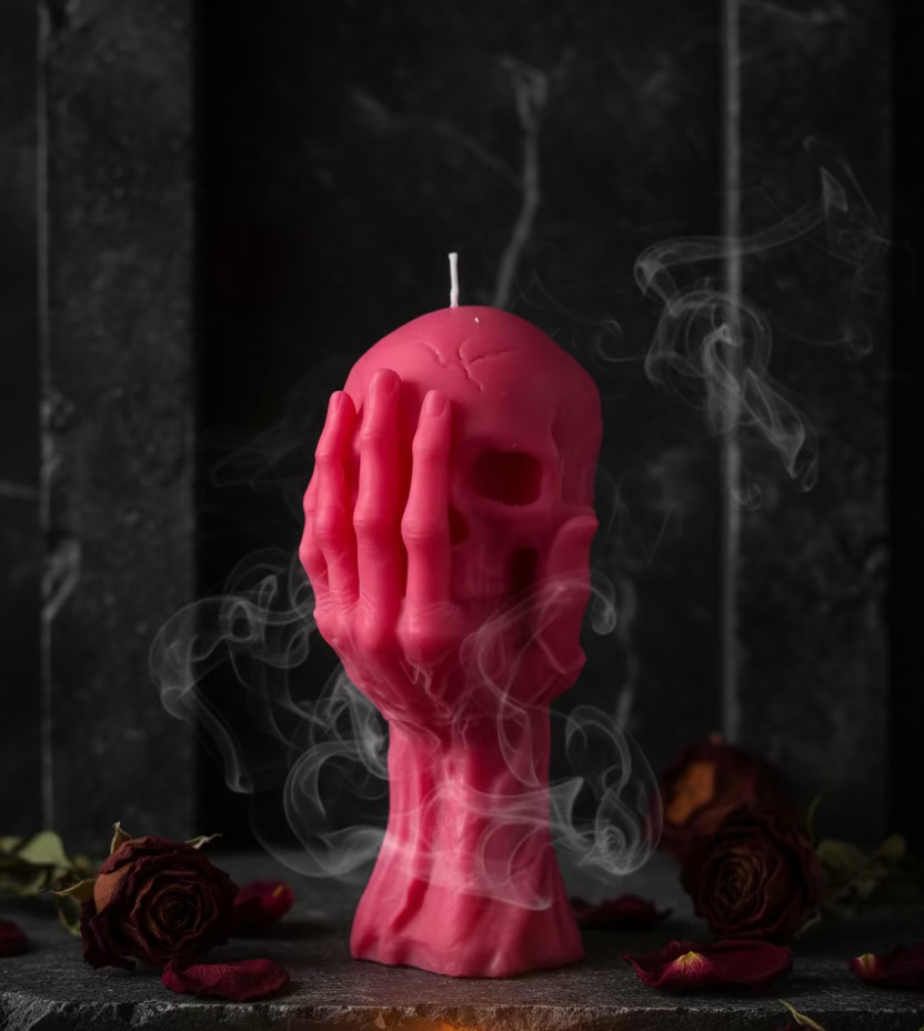 Handgefertigte Memento-Mori-Kerze aus Sojawachs mit Hand-und-Schädel-Motiv, Manufaktur Wohlleben