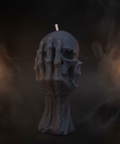 Handgefertigte Memento-Mori-Kerze aus Sojawachs mit Hand-und-Schädel-Motiv in Anthrazit, Manufaktur Wohlleben