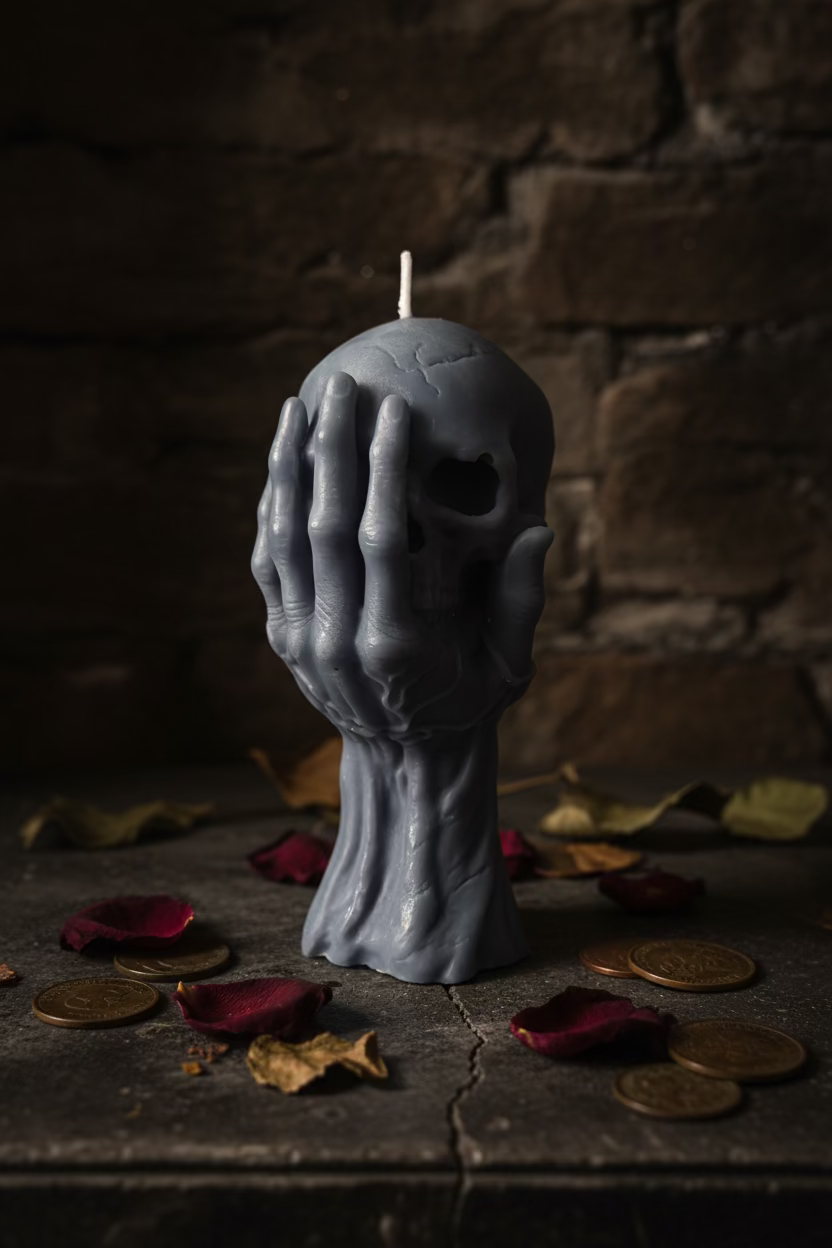 Handgefertigte Memento-Mori-Kerze aus Sojawachs mit Hand-und-Schädel-Motiv in Grau, Manufaktur Wohlleben