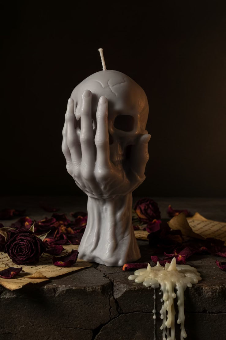 Handgefertigte Memento-Mori-Kerze aus Sojawachs mit Hand-und-Schädel-Motiv in Hellgrau, Manufaktur Wohlleben