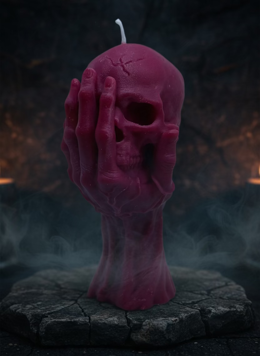 Handgefertigte Memento-Mori-Kerze aus Sojawachs mit Hand-und-Schädel-Motiv in Magenta, Manufaktur Wohlleben