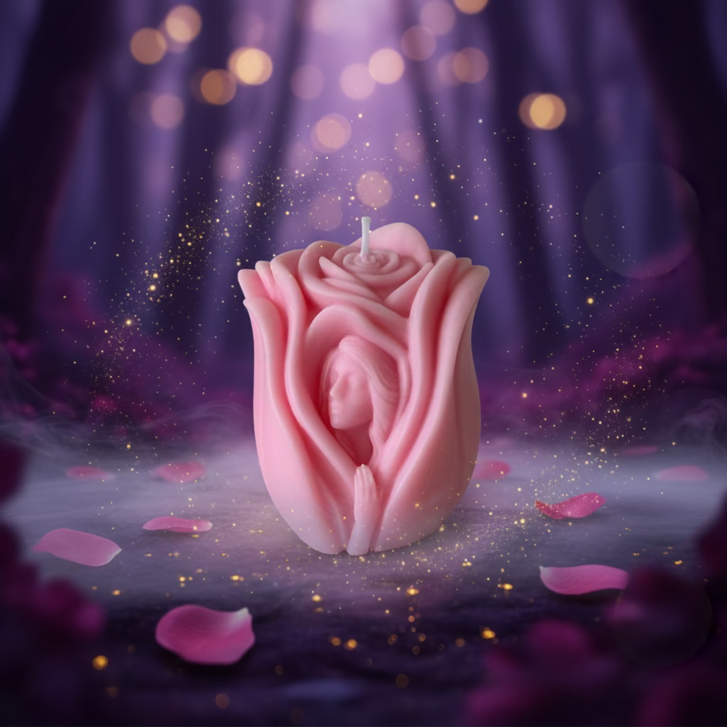 Kerze Rosenkopffrau - Handgefertigte Fantasy-Figurenkerze aus Sojawachs in Rosa I Manufaktur Wohlleben