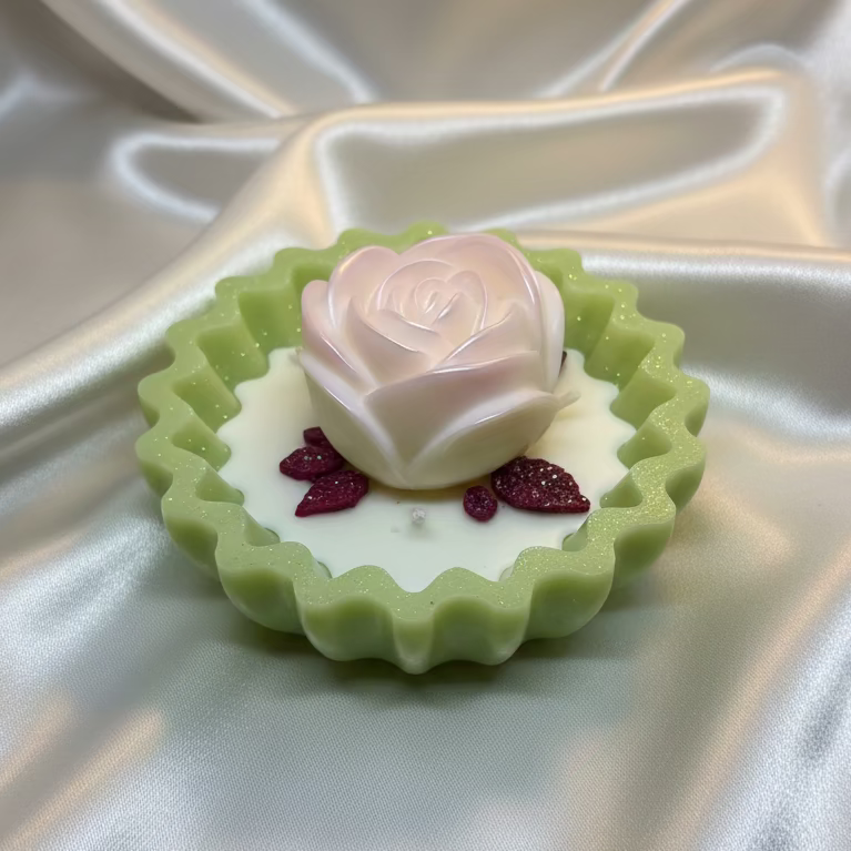 Handgefertigte Kerze Rosenschale aus Sojawachs – perlmuttfarbene Rosenblüte in grüner Epoxidharz-Schale mit glitzernden Blättern.