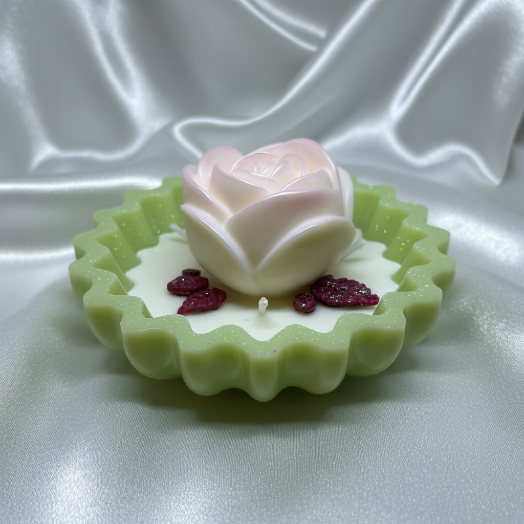 Handgefertigte Kerze Rosenschale aus Sojawachs – perlmuttfarbene Rosenblüte in grüner Epoxidharz-Schale mit glitzernden Blättern.