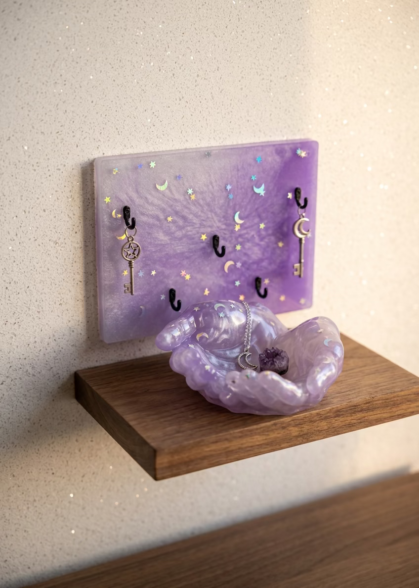 Lila Schlüsselbrett mit fünf schwarzen Haken und schimmernden Sternen und Monden, daneben eine passende Schale in Form zweier Hände mit Schmuck. I Manufaktur Wohlleben