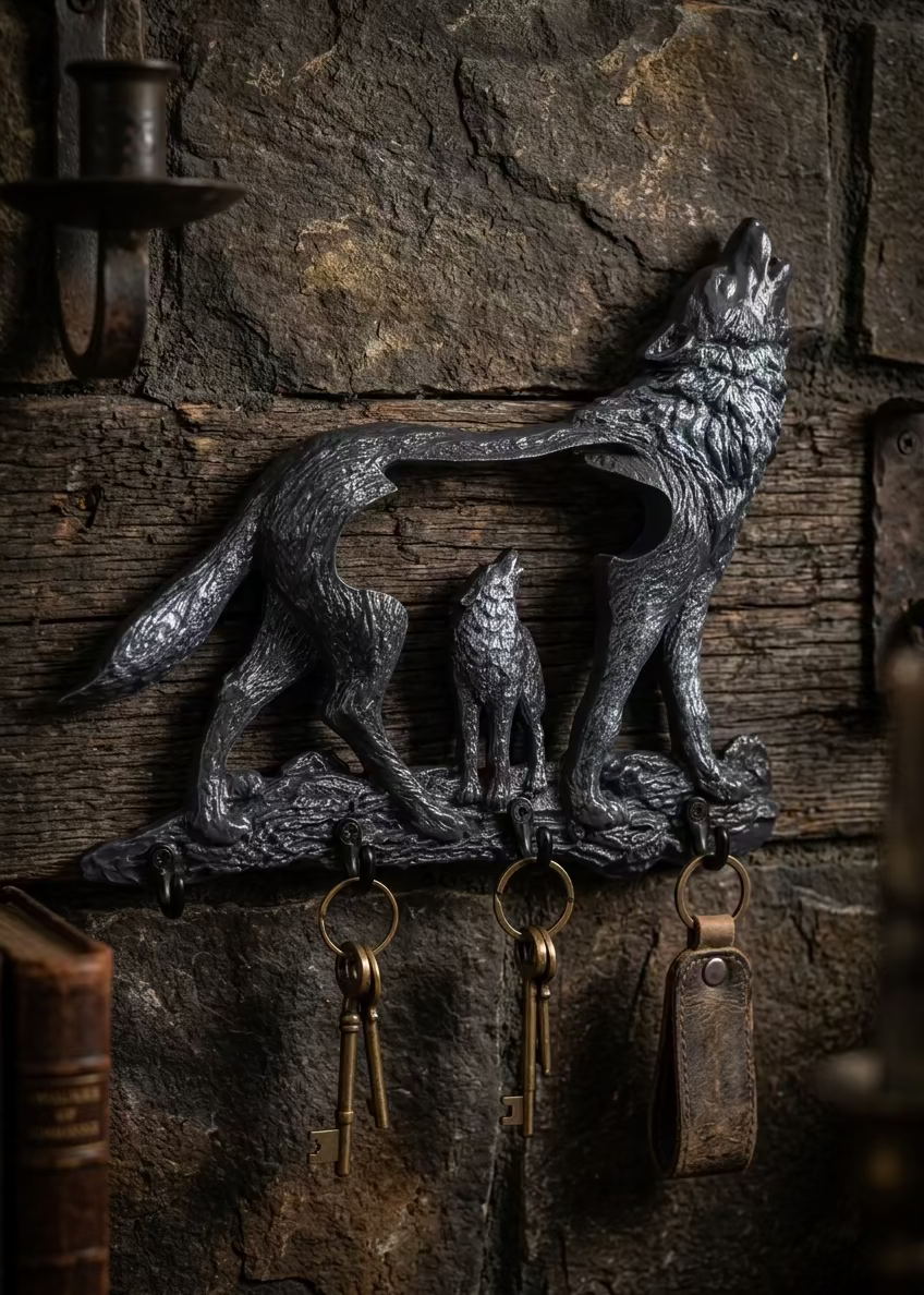 Schlüsselbrett Wolfsruf mit vier Haken, gestaltet als großer heulender Wolf mit einem kleineren Wolf in seiner Silhouette, mit silberfarbenen Akzenten. I Manufaktur Wohlleben