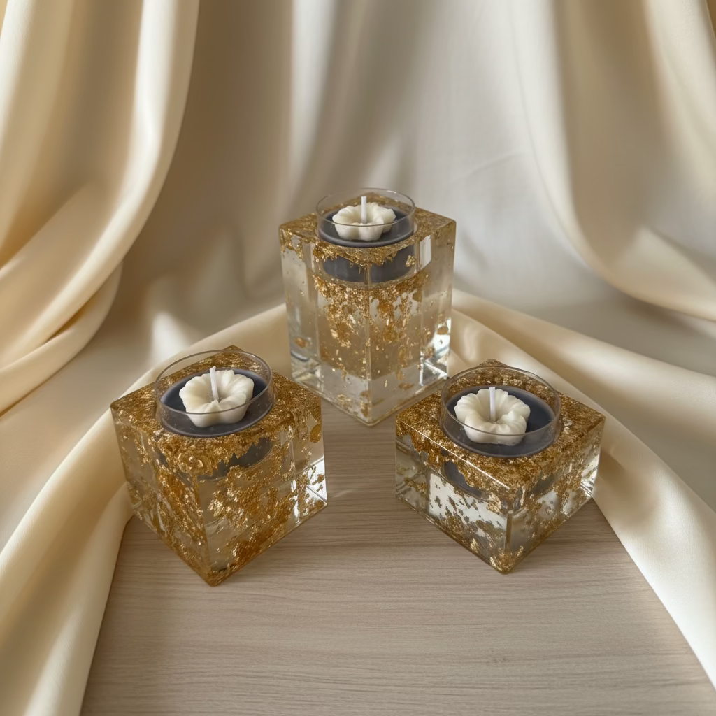 3er-Set Teelichthalter eckig in Goldglitter-Optik – Manufaktur Wohlleben