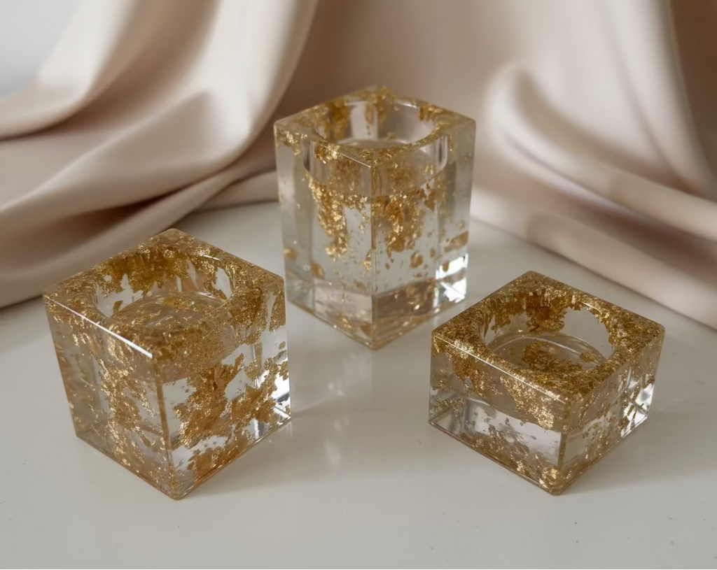 3er-Set Teelichthalter eckig in Goldglitter-Optik – Manufaktur Wohlleben