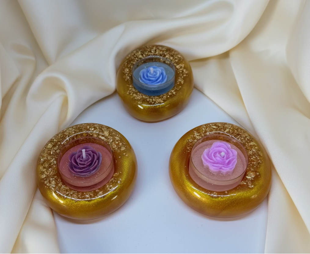 3er-Set Teelichthalter flach in Goldglitter-Optik – Manufaktur Wohlleben