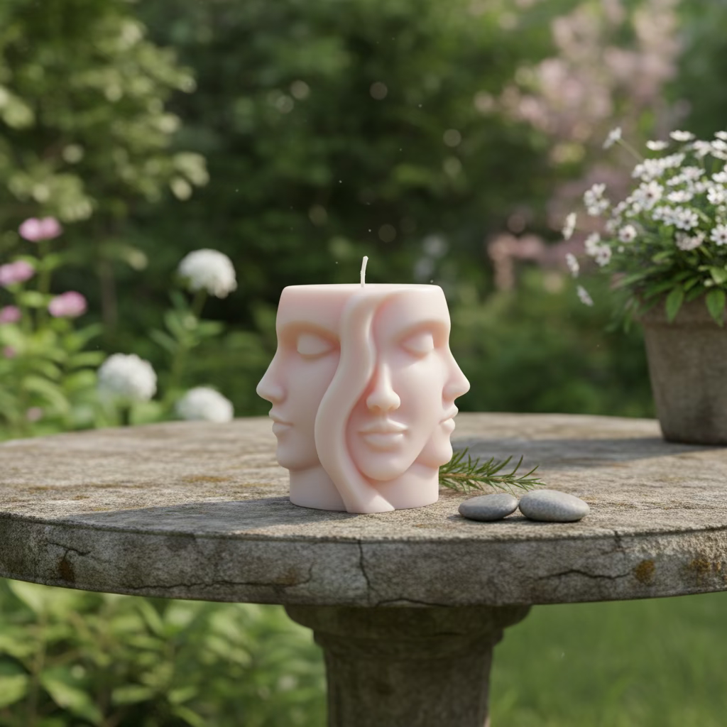 Kerze Viergesichter - Handgefertigte Fantasy-Figurenkerze aus Sojawachs in rosa I Manufaktur Wohlleben