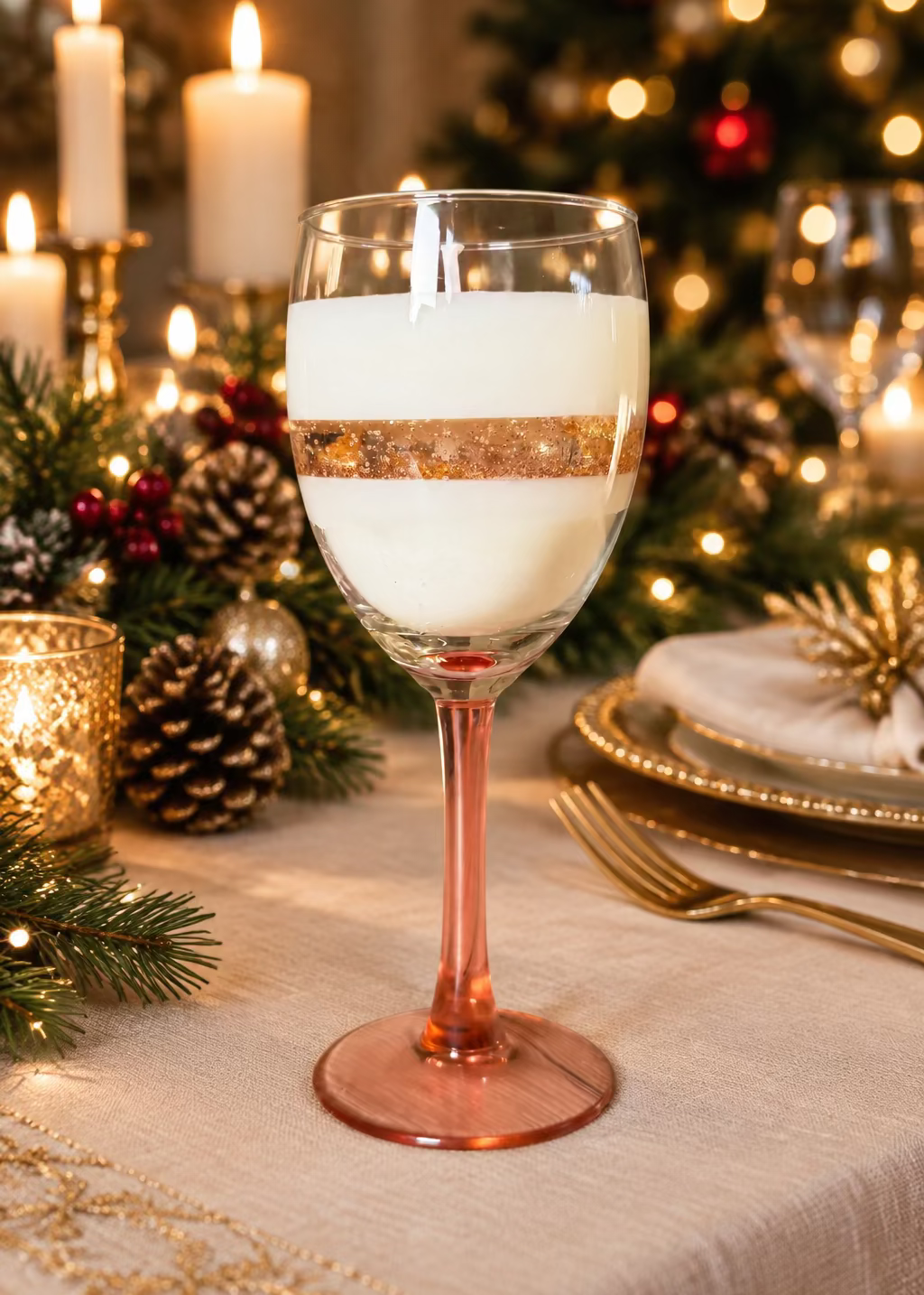 Kerze Winterglanz im Stielglas mit zwei hellen Sojawachsschichten und einer glitzernden Kerzengelschicht in der Mitte I Manufaktur Wohlleben