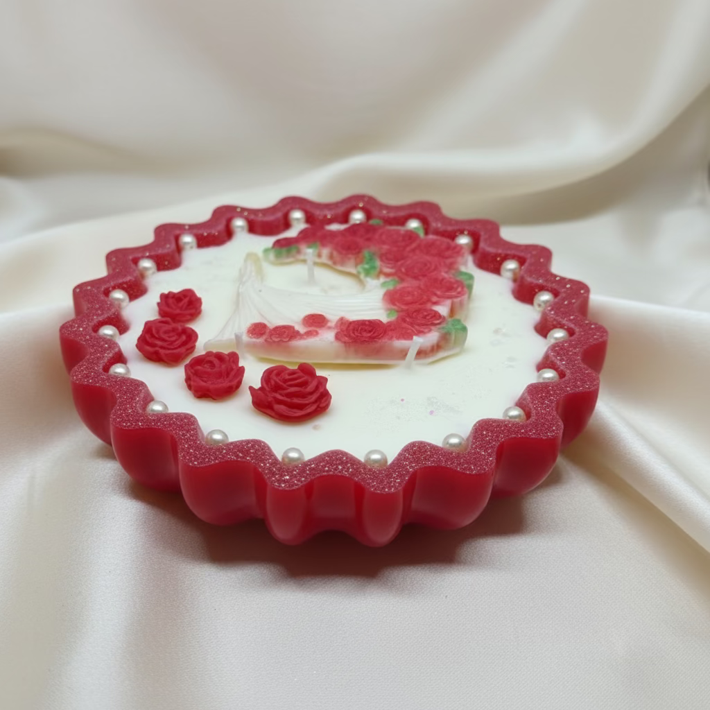 Handgefertigte Sojawachs-Dekokerze Woman of Roses – runder, gewellter Epoxidharz-Behälter mit rotem Glitzerrand, weißen Perlen, roten Wachsrosen und einer eleganten Frauenfigur in weißem Kleid.